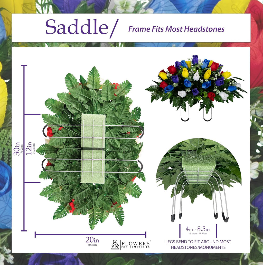 Artificial Cemetery Flowers - Gravesite Flowers - Multi Color Roses - (1) Headstone Flower Saddle & (1) Matching