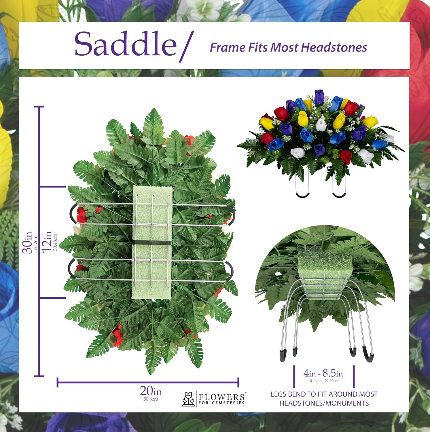 Artificial Cemetery Flowers - Gravesite Flowers - Multi Color Roses - (1) Headstone Flower Saddle & (1) Matching