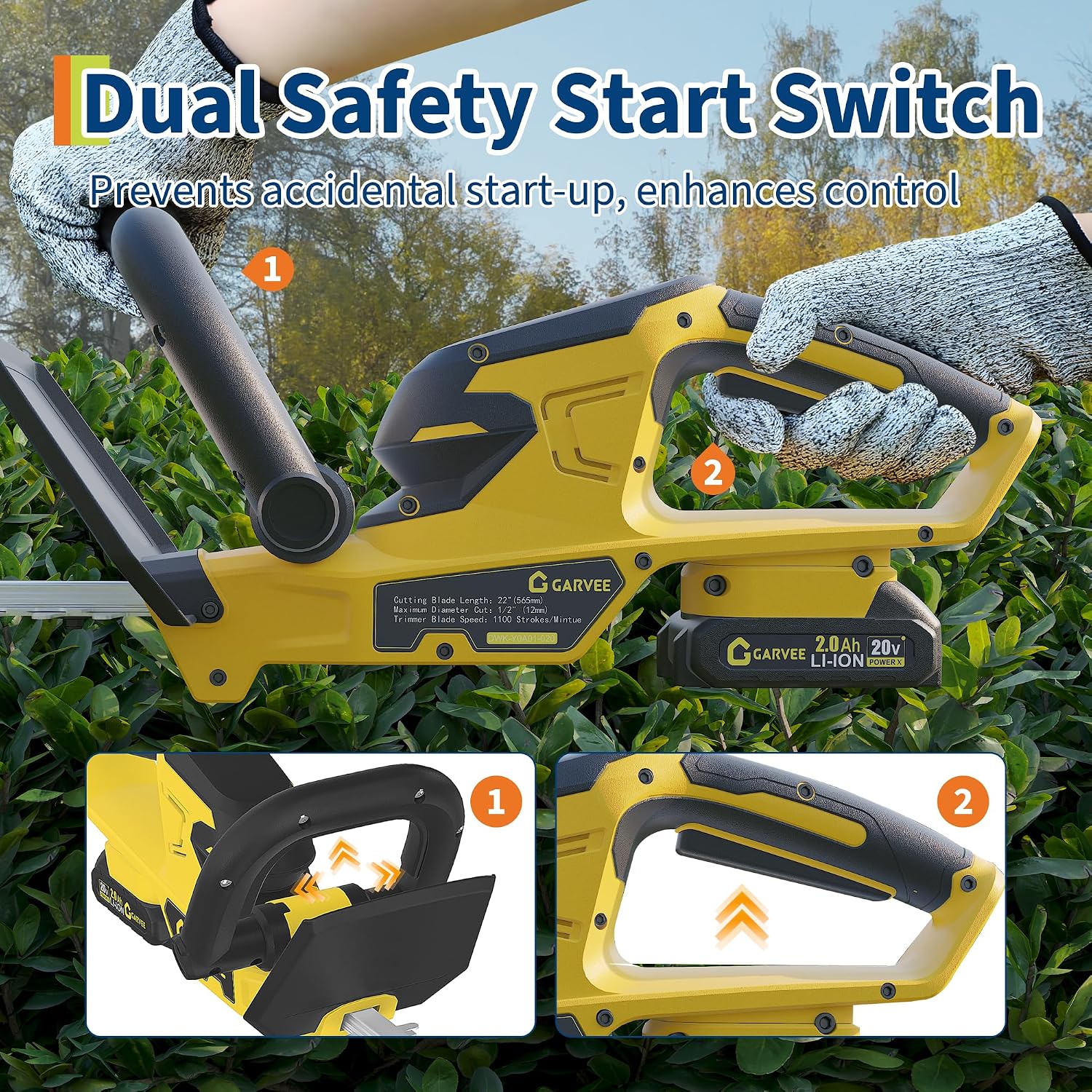 Hedge Trimmer Cordless, 22 Inch Electric Hedge Trimmer, 20V Bush Trimmers with 2 2.0Ah Batteries and Charger