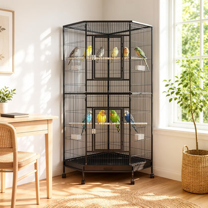 64.6“ Corner Bird Cage with Wheels, Space Saving Metal Large Bird Cage