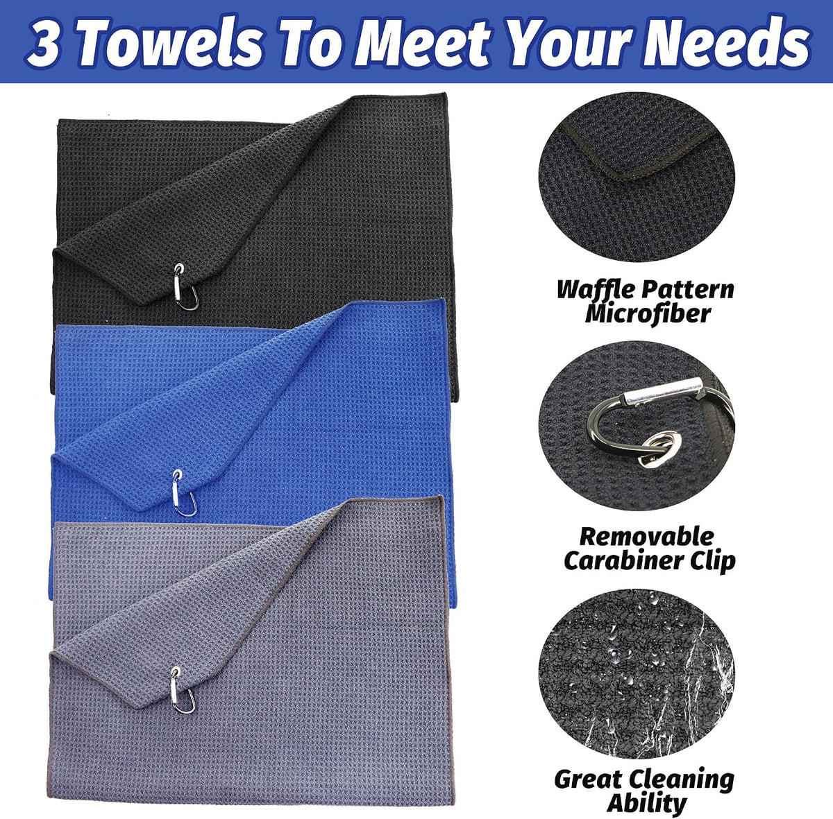 Golf Towel Set - 3 Microfiber Waffle Pattern Golf Towels & Club Brush & Divot Repair Tool, Accessories for Men & Women