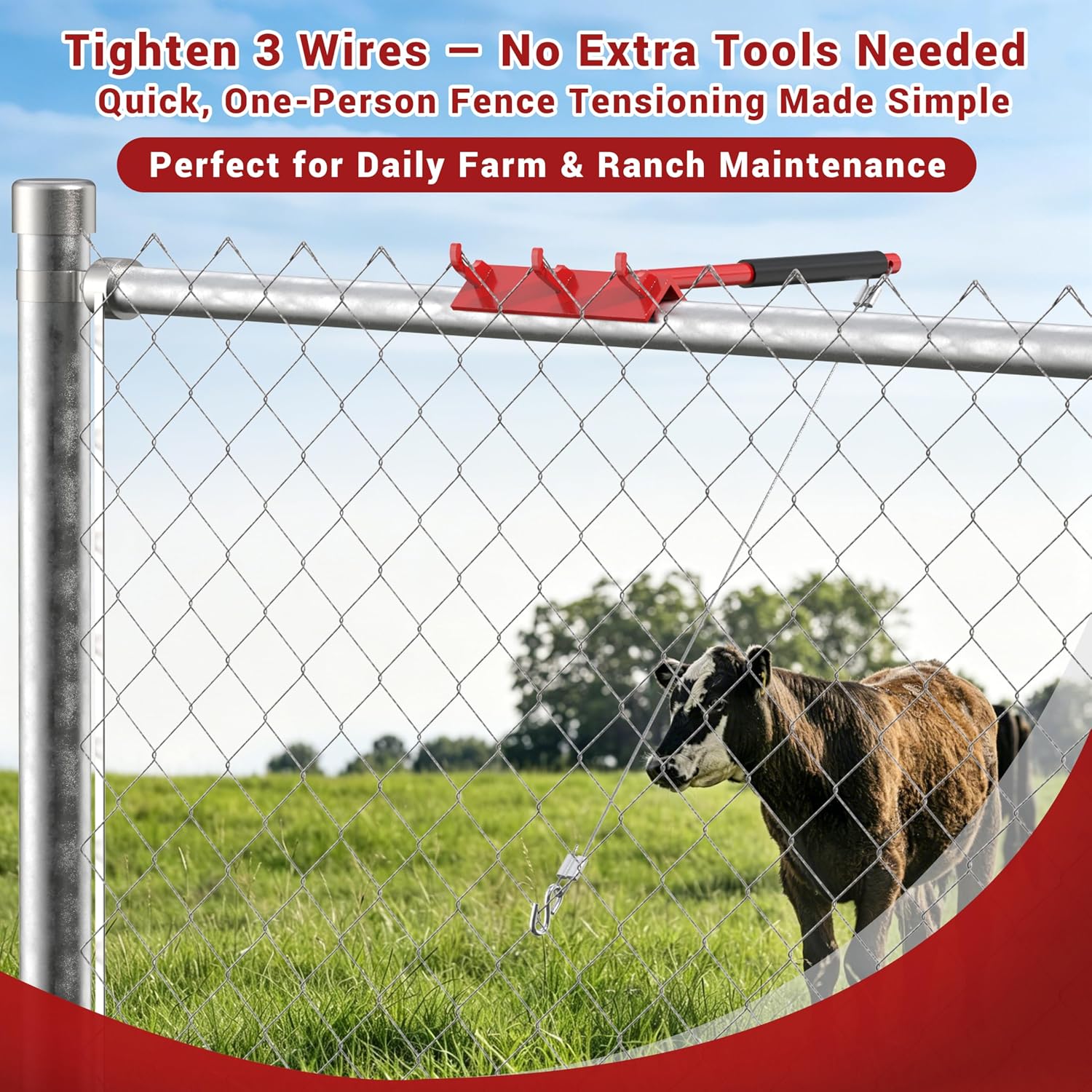 Chain Link Fence Top Rail Tensioner Tool, Heavy-Duty Steel Stretcher with 3 Hooks & 28" Cable Hook, 300 lbs Pull