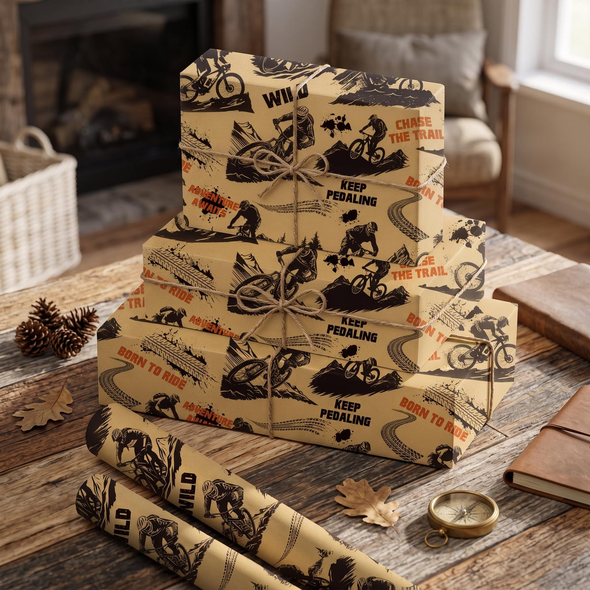 Mountain Bike Kraft Wrapping Paper Roll, Dirt Bike Life Gift Wrap for Cycling Lover, Birthday, Outdoor Party, 17 Inch