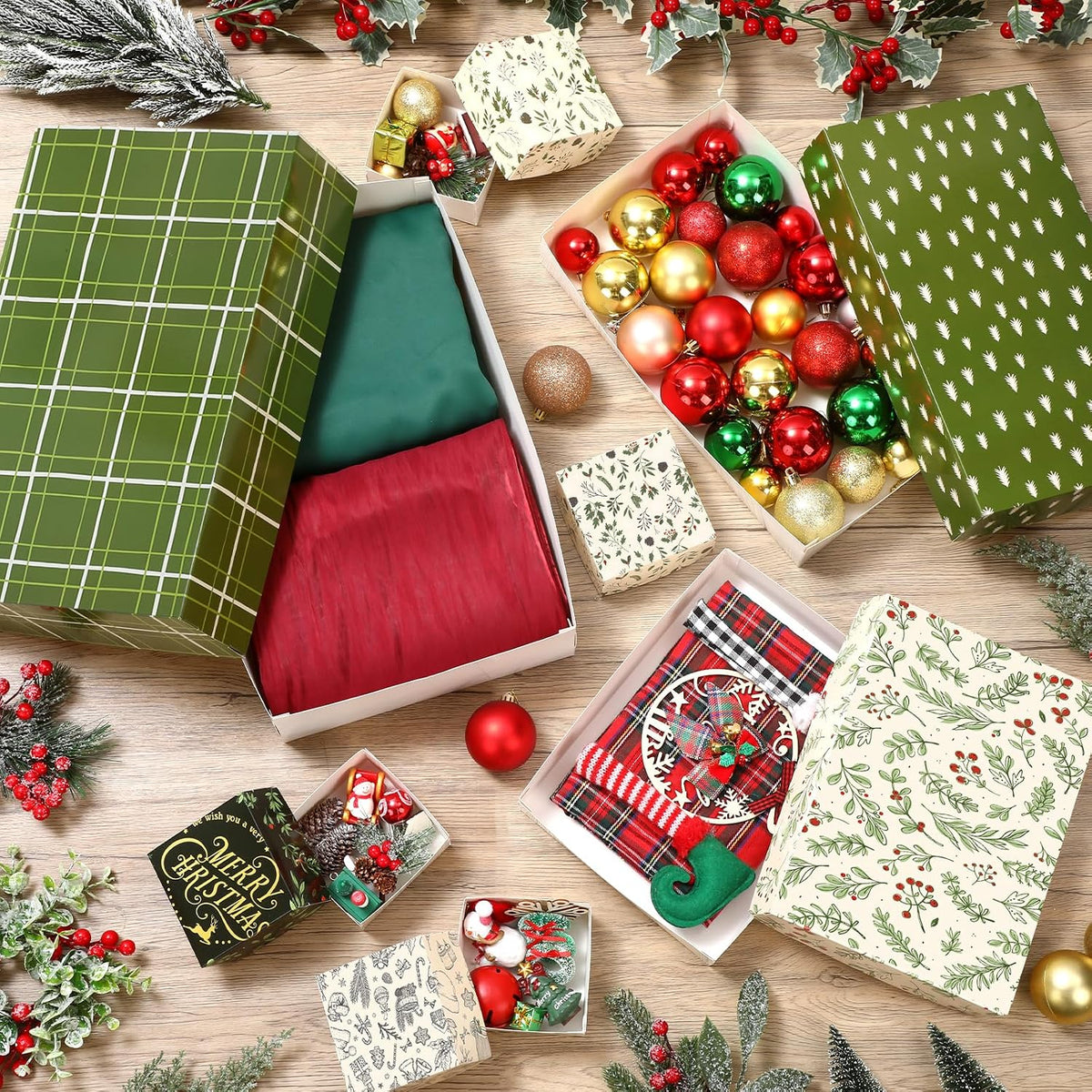 24 Pcs Christmas Gift Boxes with Lids Neutral Plaid 7 Designs