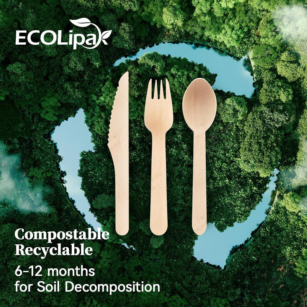 300 Count Wooden Cutlery Set, 100 Knives, Forks and Spoons each