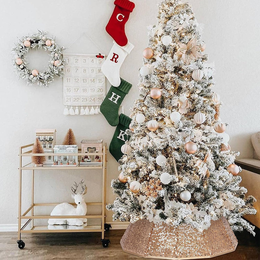 Sparkling Champagne Gold Christmas Tree Collar – Color Shifts with Light – 25.2″ Bottom / 14.9″ Top Foldable Base Cover
