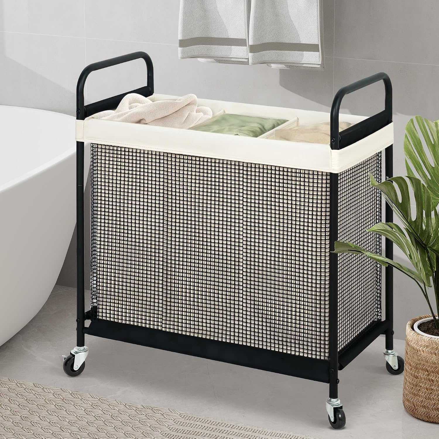 Laundry Hamper 3 Section, 120L Rolling Laundry Sorter Cart with Removable and Washable Liner Bag, Clothes Hamper with