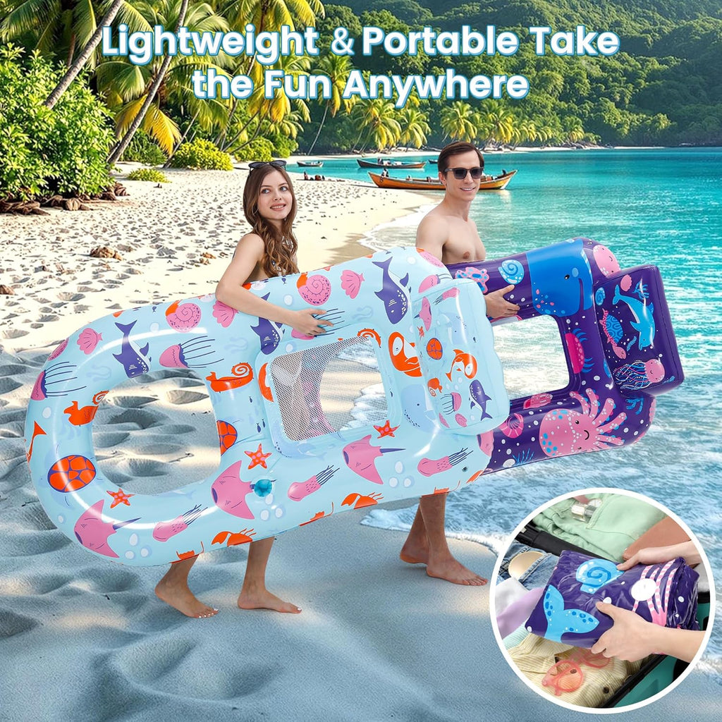 2 Pack Pool Floats Adult, Inflatable Pool Lounger Float Heavy Duty with Cup Holder, Backrest & Footrest Pool Lounge