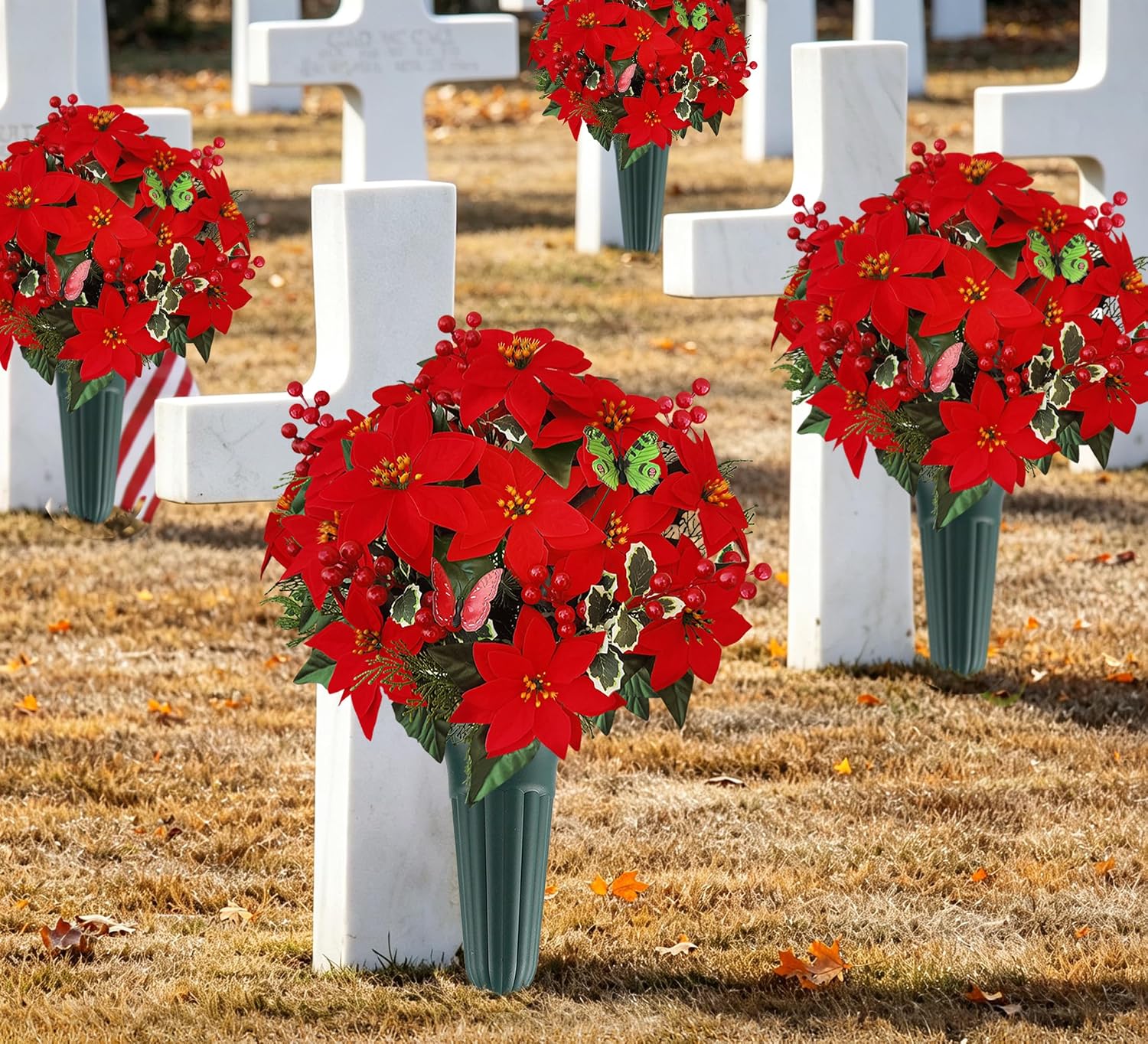 Christmas Cemetery Flowers for Grave- Poinsettia Artificial Flower with Vase for Headstones Graveyard Graveside