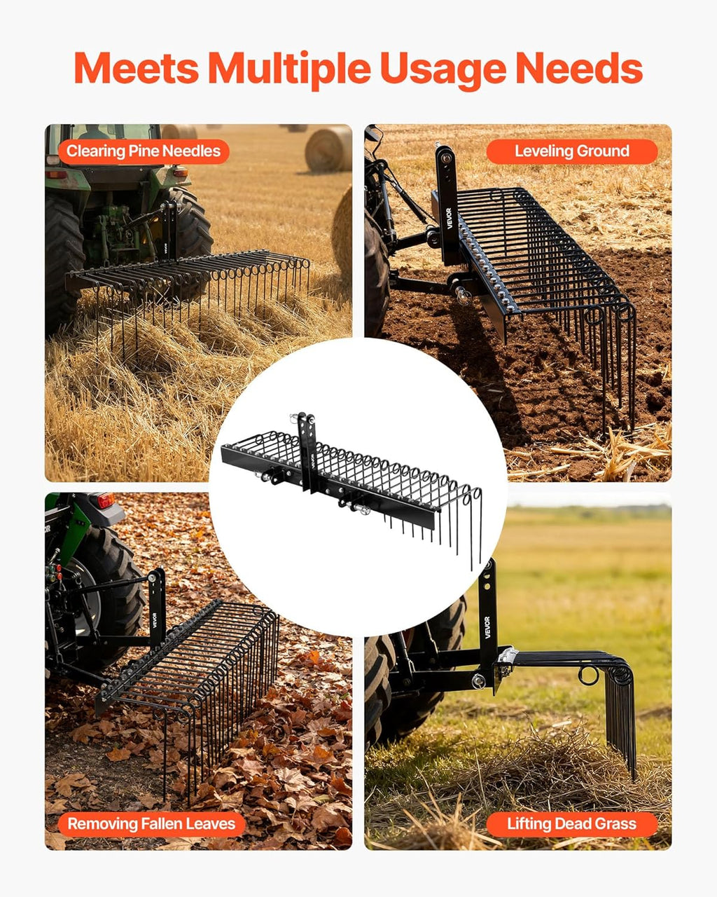 60 in Tow Behind Landscape Rake, 3 Point Hitch Lawn Dethatcher Rake, 26 Spring Steel Tines, for Category 1 Tractors