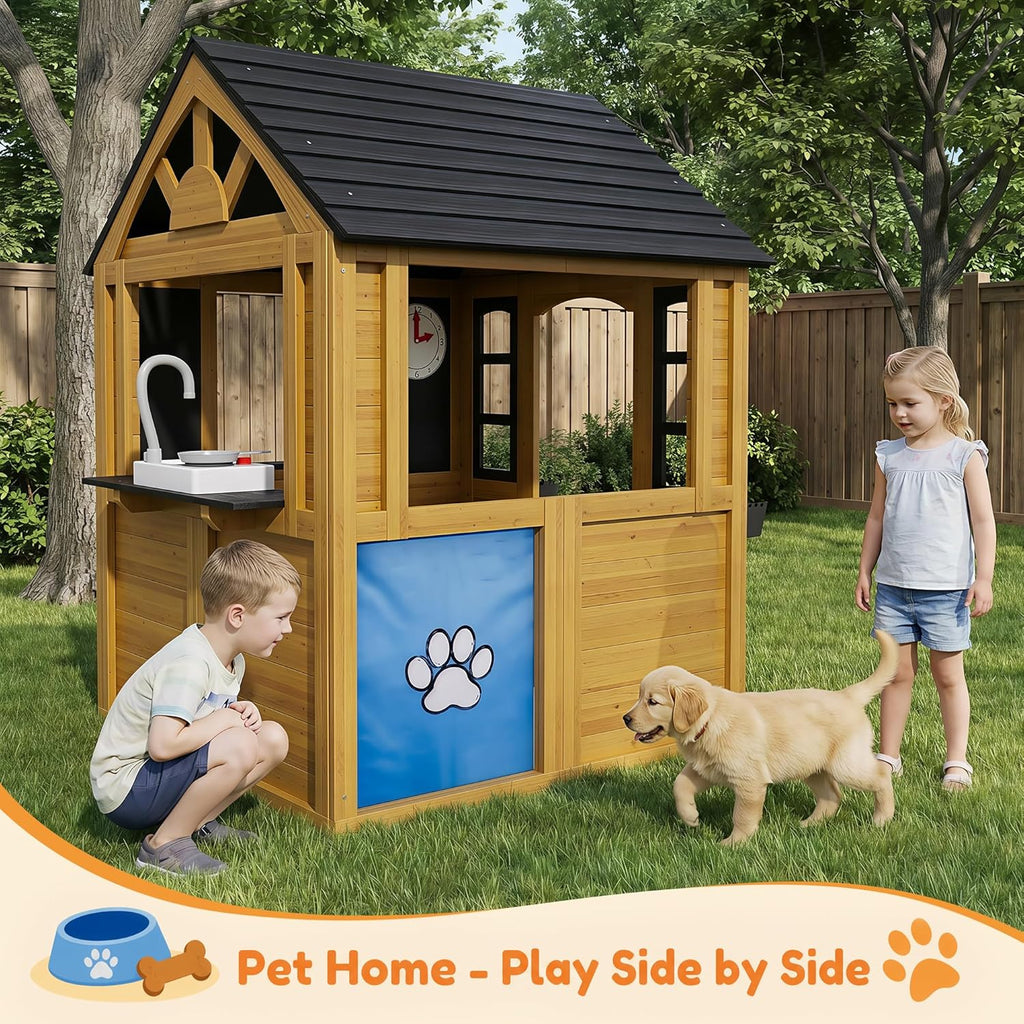Kids Outdoor Playhouse Wood Play House Pretend PlayGames for Toddlers Ages 3-8 with Play Kitchen,Snack Bar,Pet