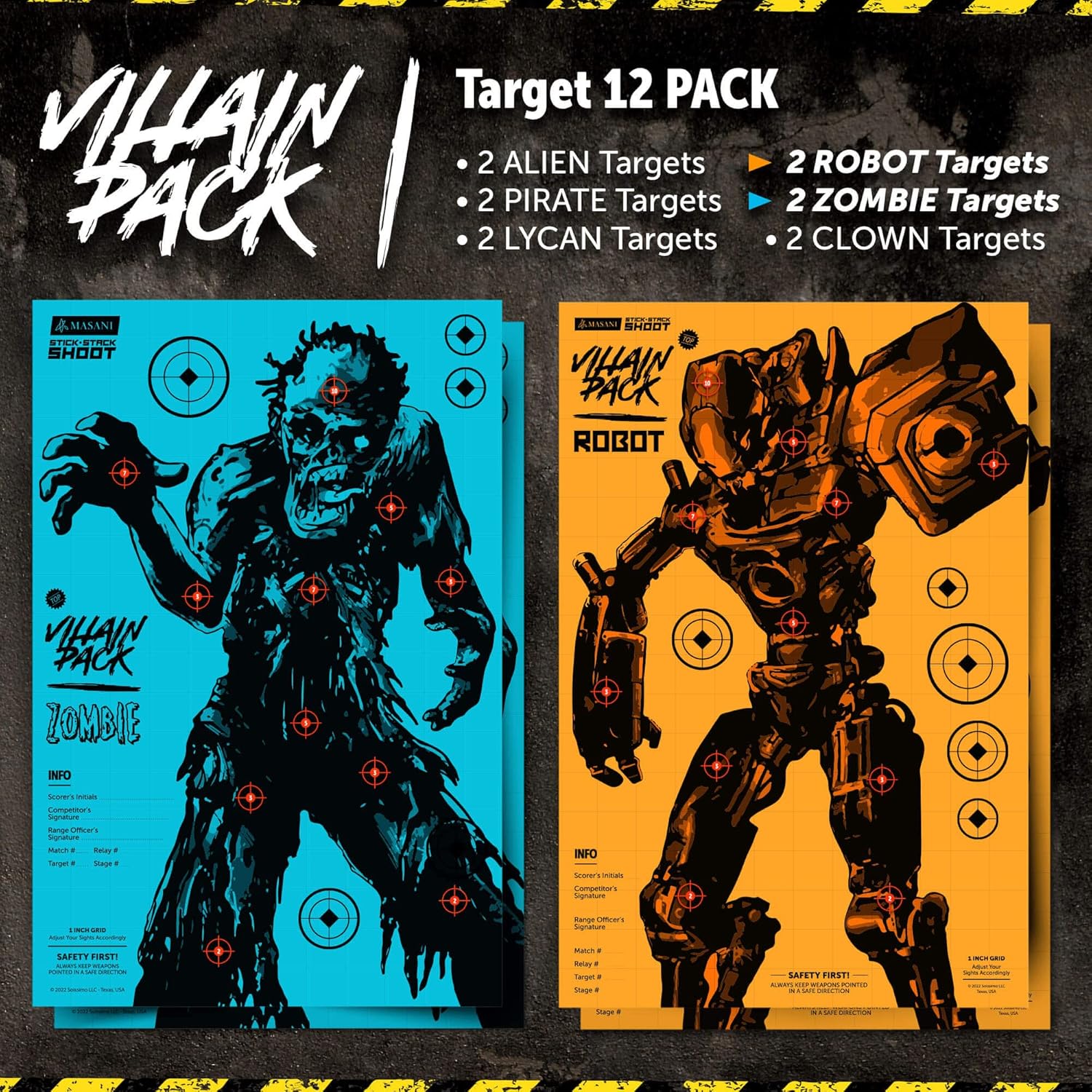 Villain Shooting Targets - 12 Pack Paper Targets - 2X Each Monster - Indoor/Outdoor, Backyard Range Fun for All BB