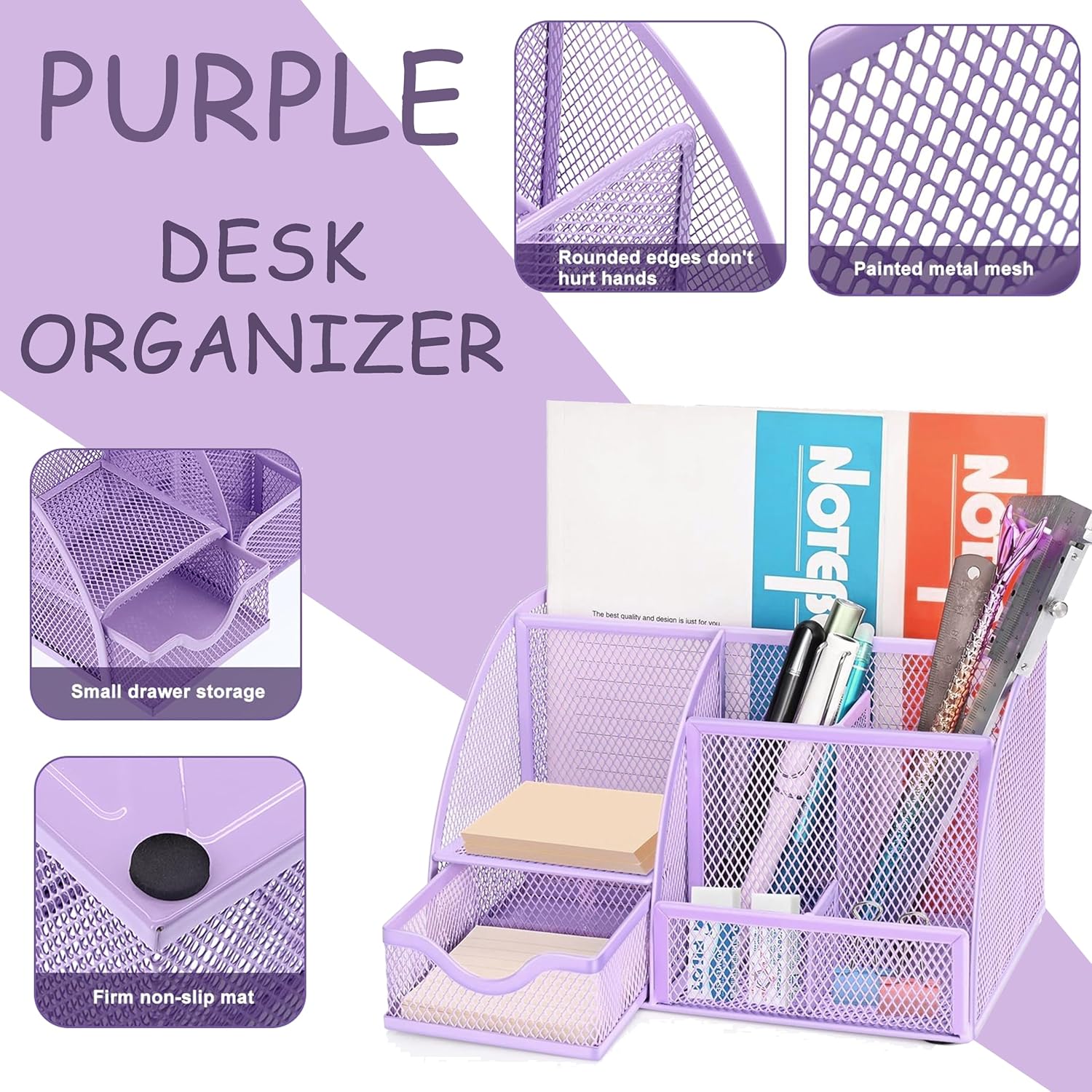 Purple Office Desk Accessories Supplies, 12pcs Desk Organizers and Accessories with Tape dispenser and