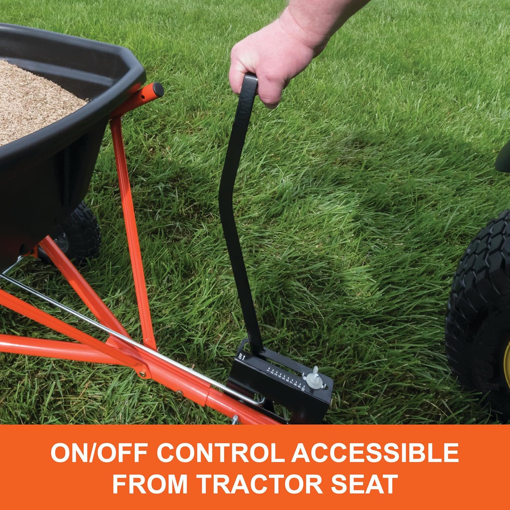Tow Behind Broadcast Spreader for Seed, Fertilizer, Salt and Ice Melt, 110 lb Capacity Lawn and Garden Spreader with