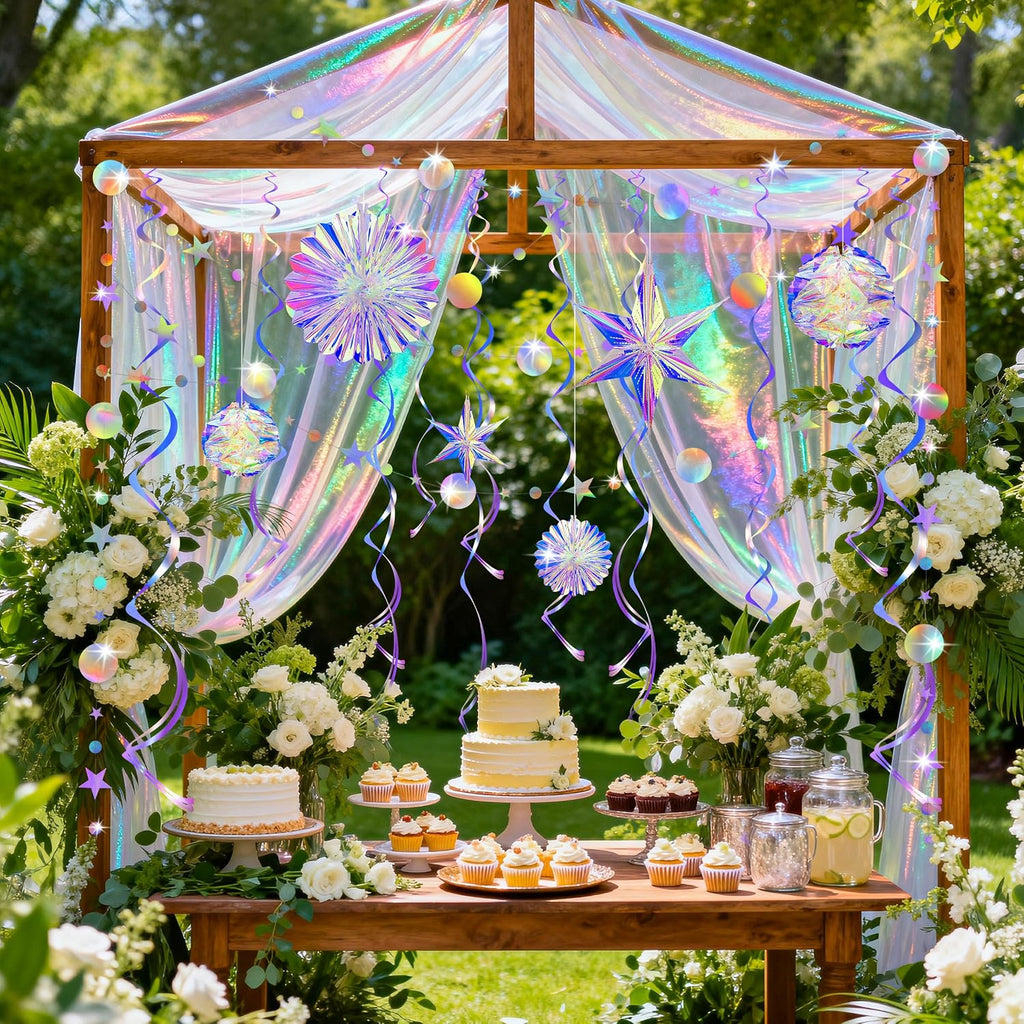 29 Pcs Iridescent Party Decorations with Hanging Honeycomb Ball Decorative Paper Fan Snowflake Hexagonal Star