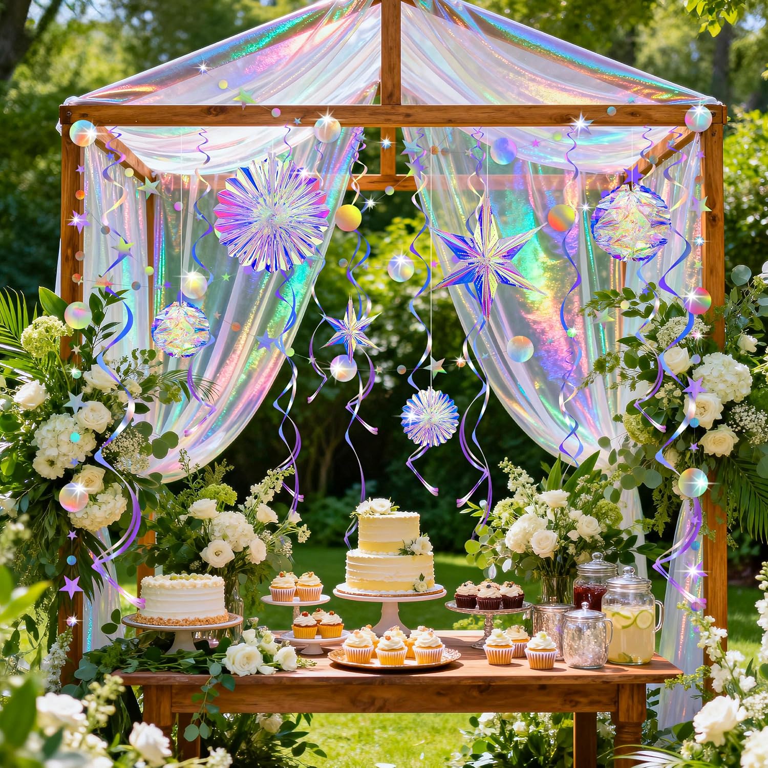 29 Pcs Iridescent Party Decorations with Hanging Honeycomb Ball Decorative Paper Fan Snowflake Hexagonal Star