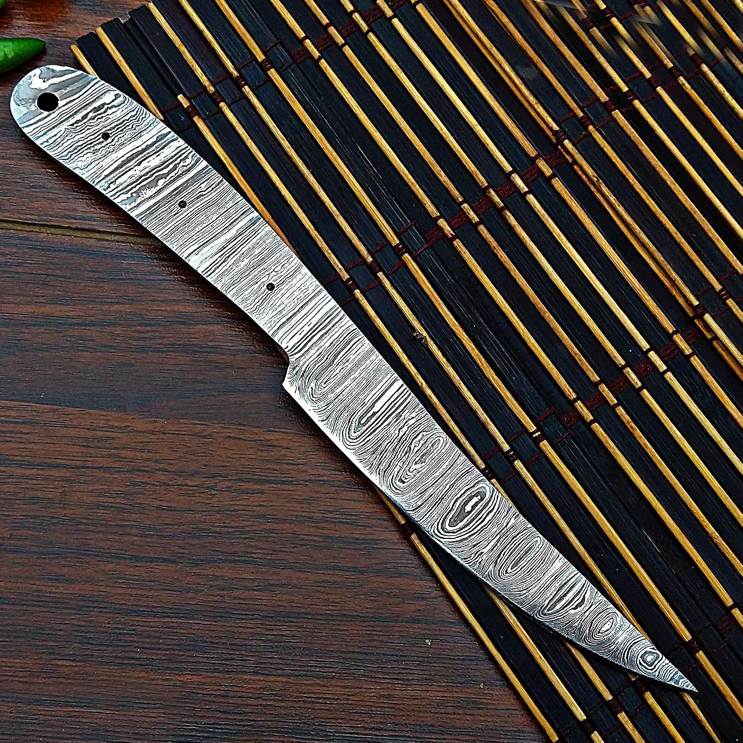 Damascus Steel Fillet Knife Making Kit – DIY Handmade Blank Blade with Rosewood Handle Scales, Brass Pins & Leather