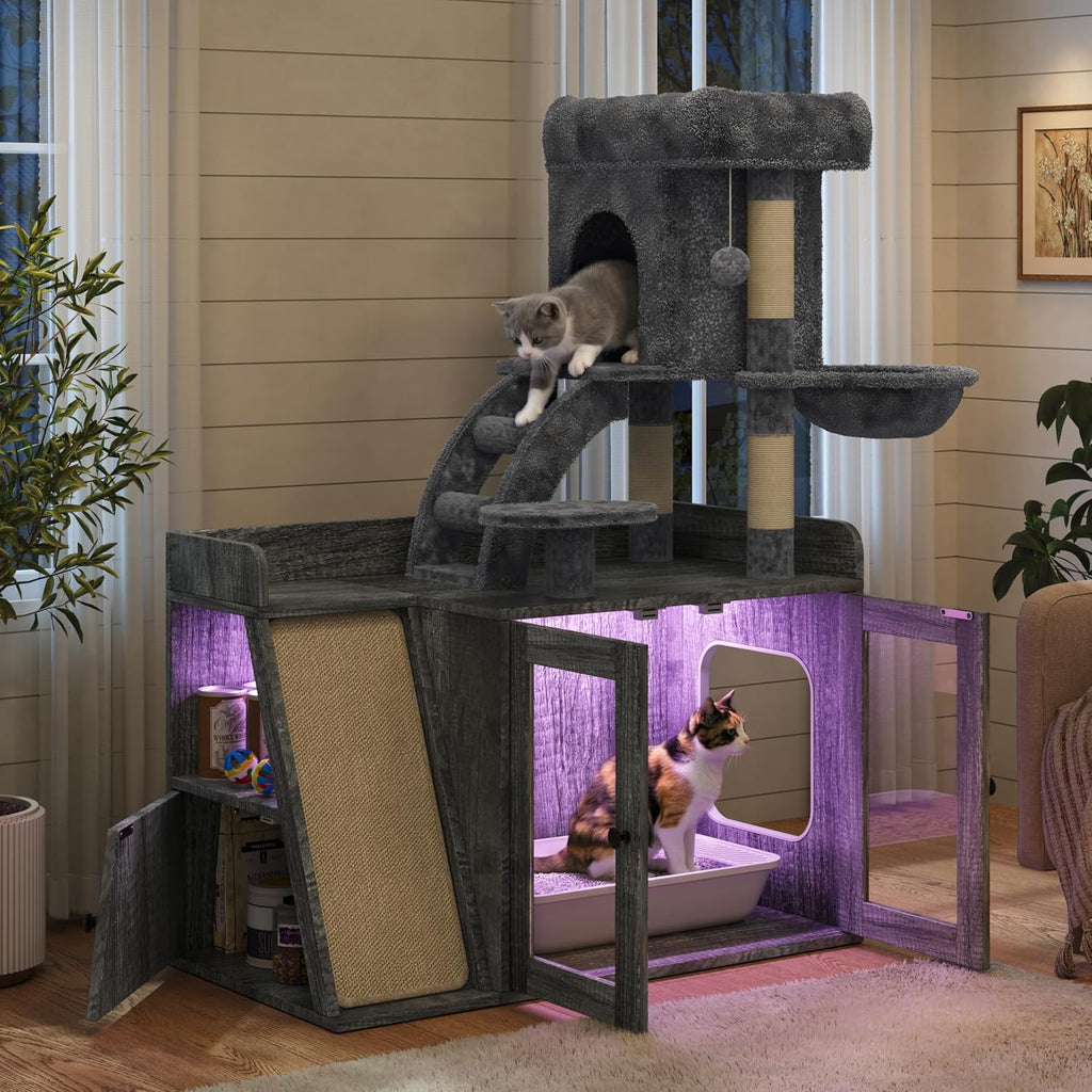 All-in-One Cat Tree with Hidden Litter Box Enclosure, Grey Wooden Cat Tower with LED Light, Sisal Scratching Board
