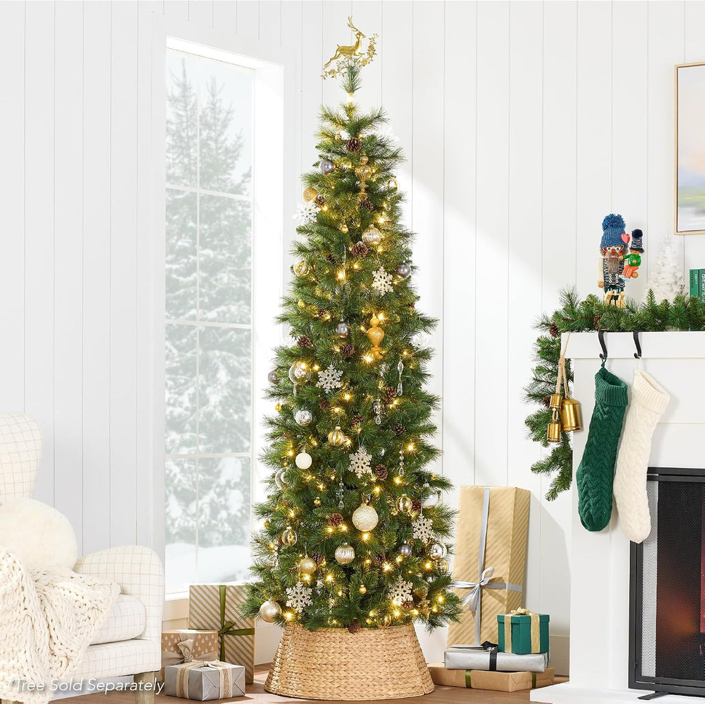 36in Christmas Tree Collar, Woven Hyacinth 3-Piece Holiday Rattan Tree Skirt Accessory for Home w/Cord Cut-Out - Natural