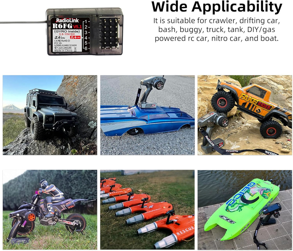 R6FG 6 Channels 2.4G RC Gyro Receiver Long Range Control for Car | for Vehicle Drifting/Crawler/Truck/Boat Works with
