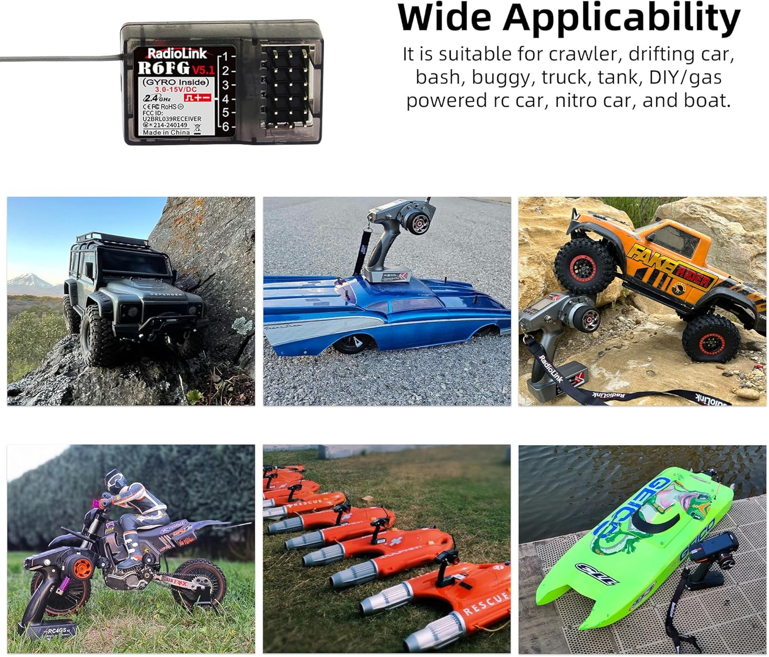 R6FG 6 Channels 2.4G RC Gyro Receiver Long Range Control for Car | for Vehicle Drifting/Crawler/Truck/Boat Works with