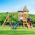 Swing Sets for Backyard, Wooden Swing Set, All-in-One Kids Outdoor Play Equipment with Two Swings, Slide, Rock