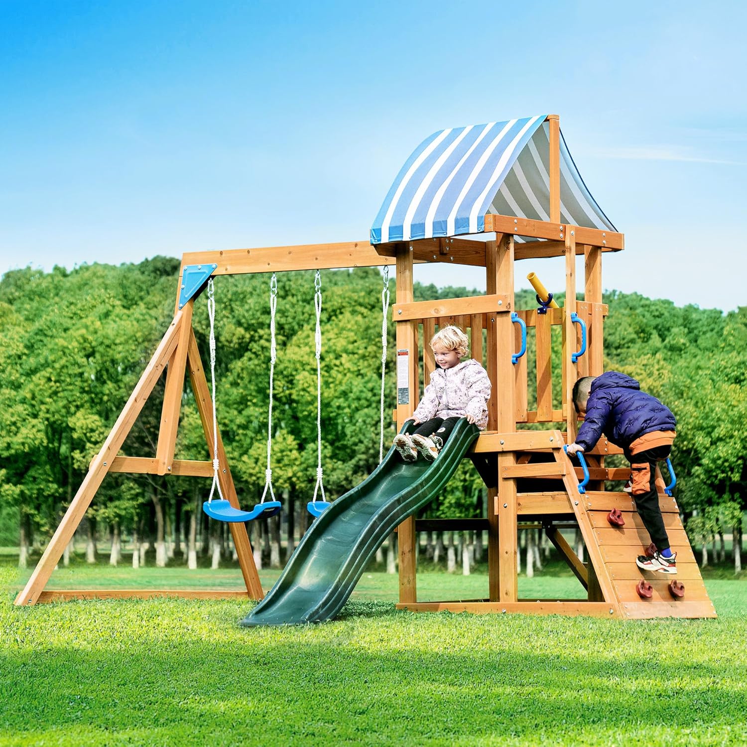 Swing Sets for Backyard, Wooden Swing Set, All-in-One Kids Outdoor Play Equipment with Two Swings, Slide, Rock