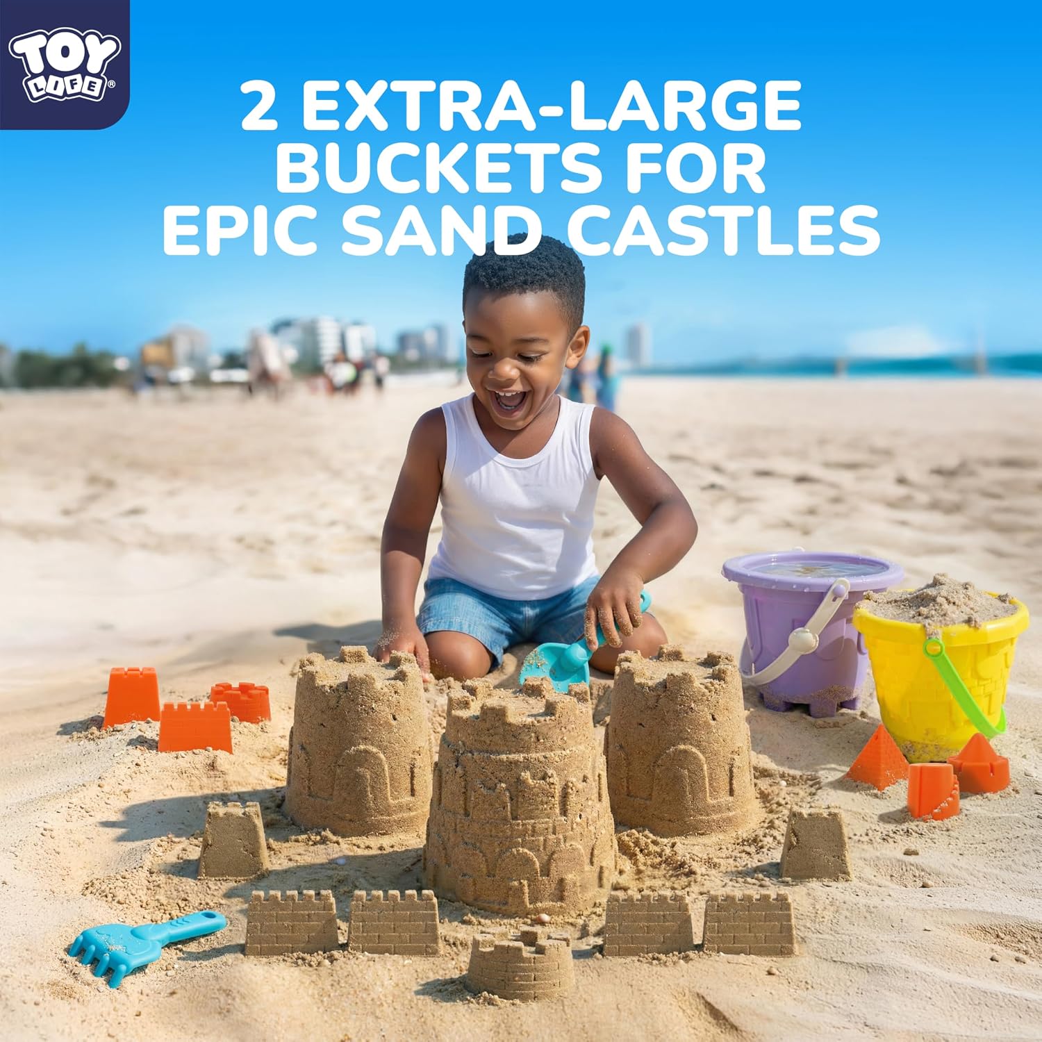 Beach Toys for Kids, 11-Piece Sand Castle Bucket & Sand Toys Set | 6 sand molds, 2 shovels, mesh bag, beach pail &