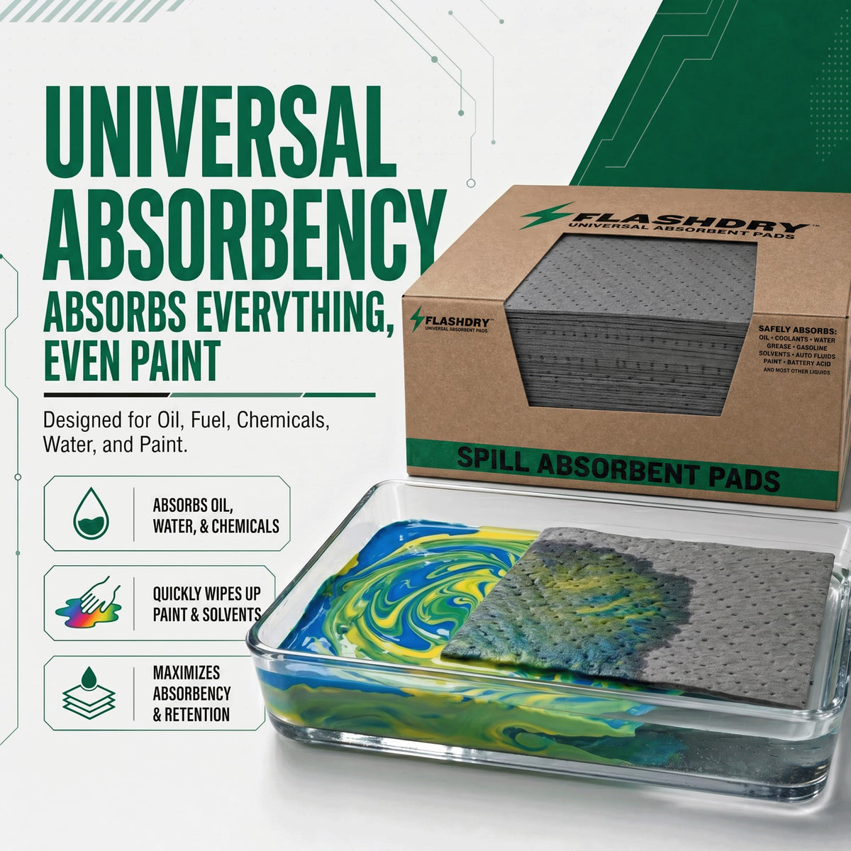 FLASHDRY Universal Spill Absorbent Pads, 17.5" x 13.5", 300-Count
