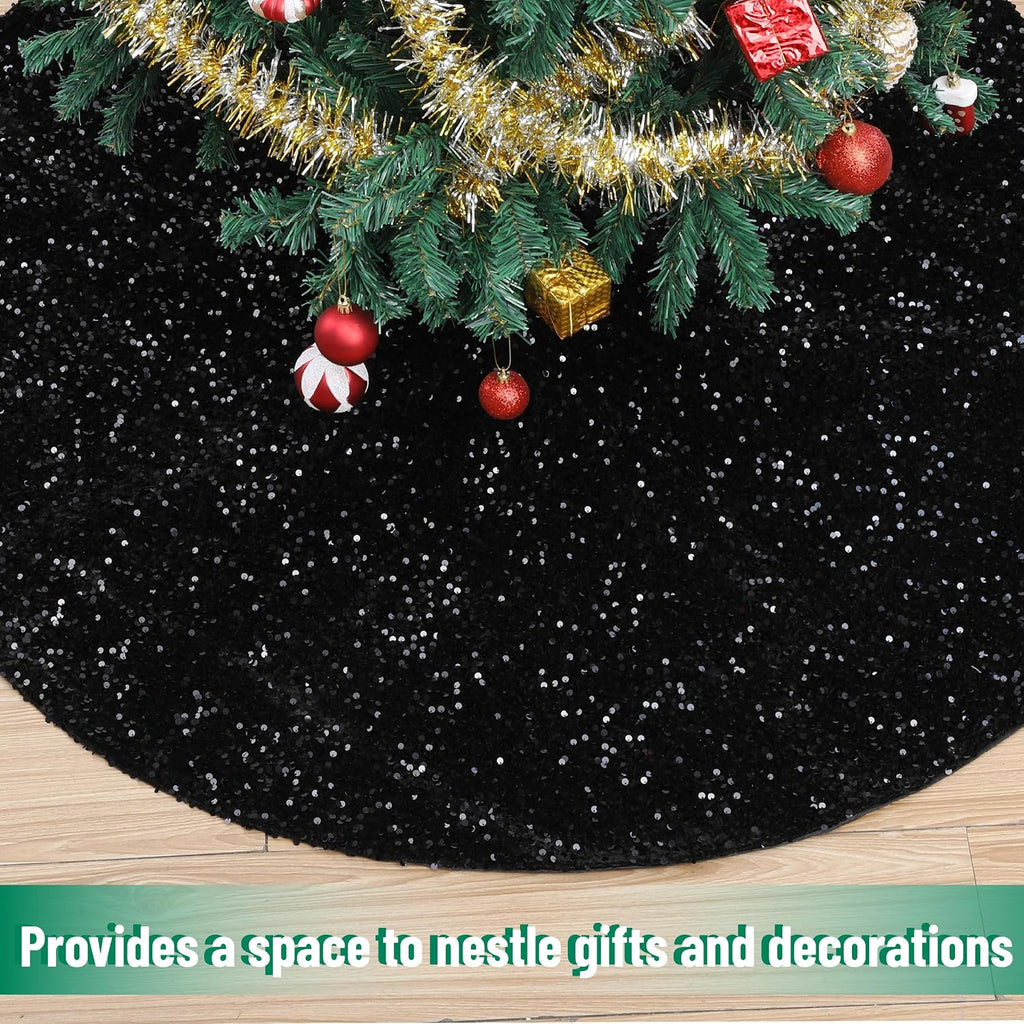Sequin Christmas Tree Skirt and Tree Collar | 36 Inch Sparkly Base Cover, 24.8 Inch Foldable Sparkling Sequin Trees