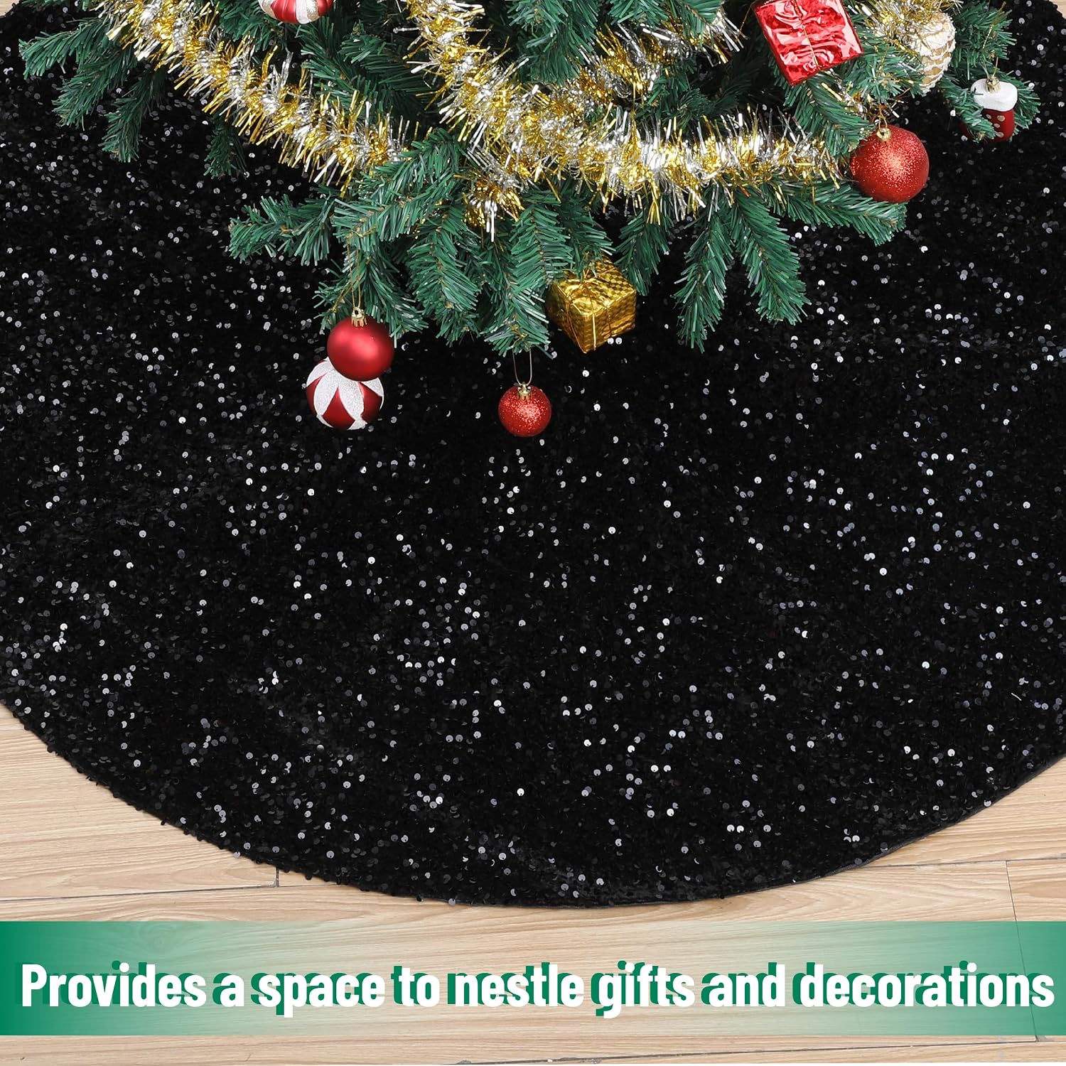 Sequin Christmas Tree Skirt and Tree Collar | 36 Inch Sparkly Base Cover, 24.8 Inch Foldable Sparkling Sequin Trees