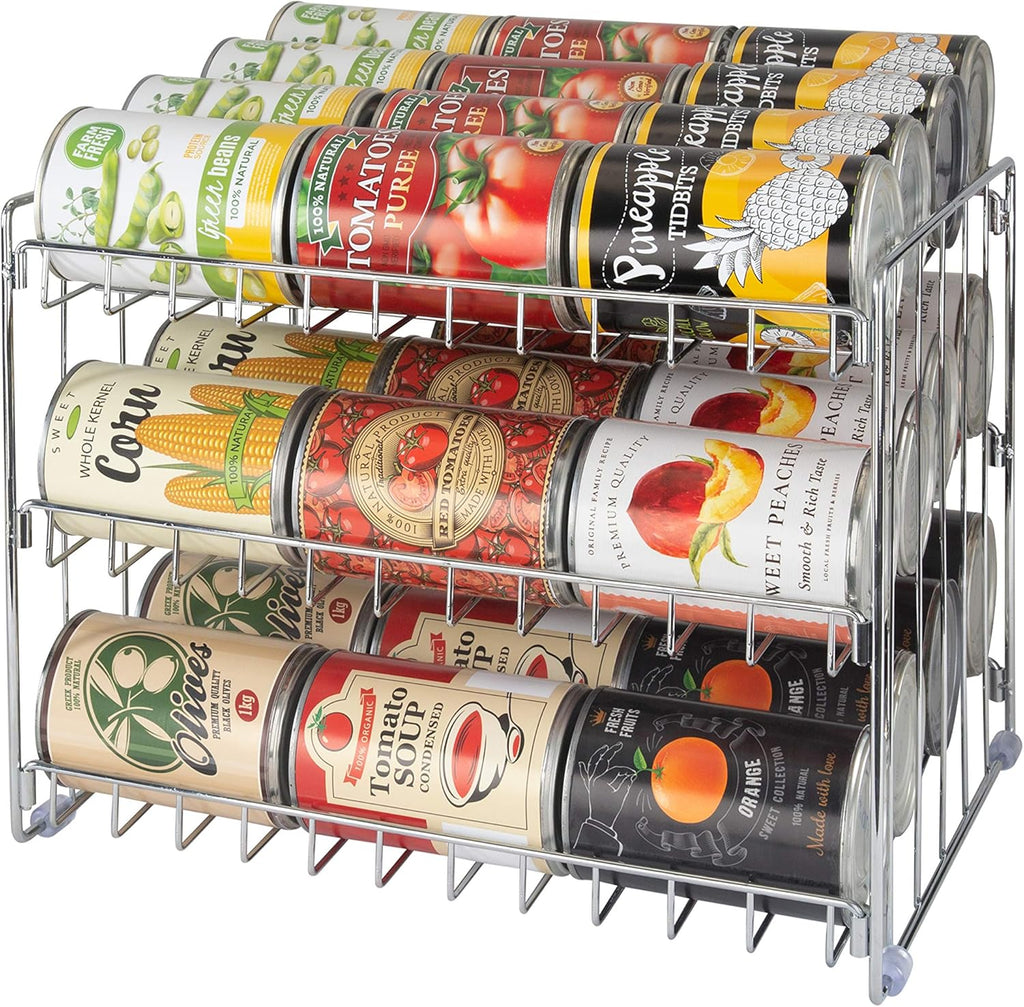 3 Tier Can Organizer | Chrome Steel Canned Food Storage Rack | Holds 36 Cans | Space-Saving Pantry & Cabinet Storage
