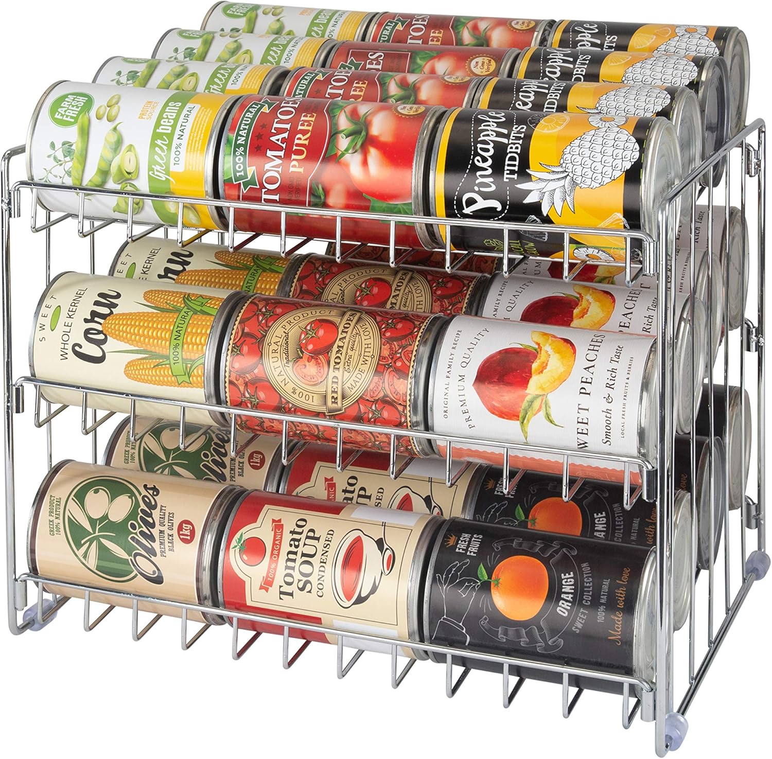 3 Tier Can Organizer | Chrome Steel Canned Food Storage Rack | Holds 36 Cans | Space-Saving Pantry & Cabinet Storage