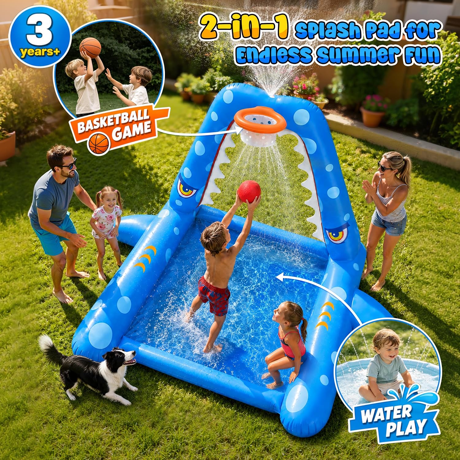 Sprinkler for Kids Outdoor Play, Giant Inflatable Shark Water Toys Splash Pad with Basketball Hoop, Fun Sprinkler