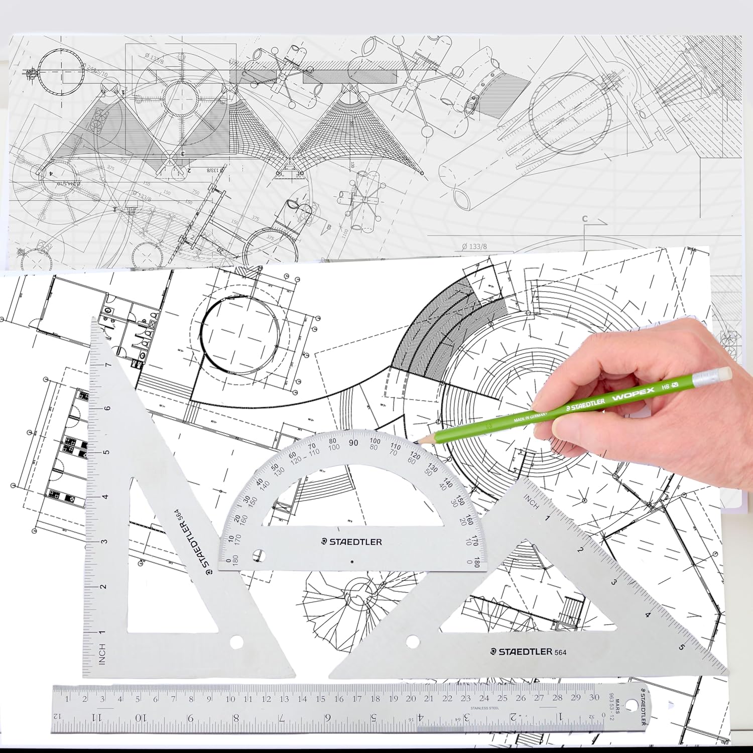 Stainless Steel Math Set - With 12in Ruler, 2 Triangle Set Squares (45/90° & 30/60°), 6in Protractor - Precision