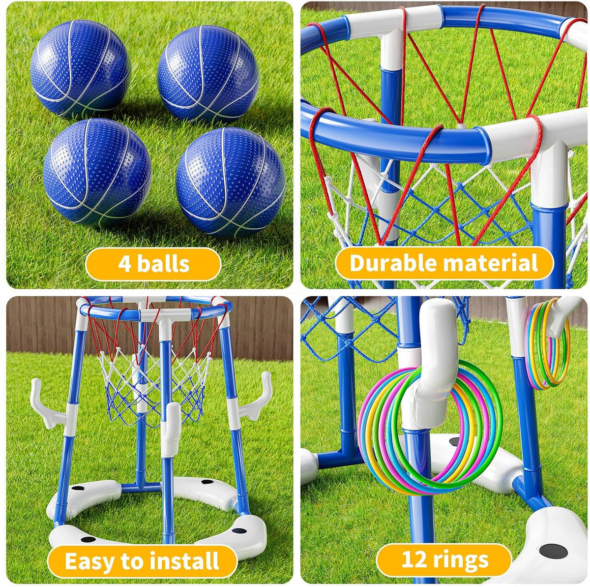 Pool Basketball Hoop, 2-in-1 Floating Pool Toys Ring Game with 4 Balls and Pump, Outdoor Swimming Pool Basketball