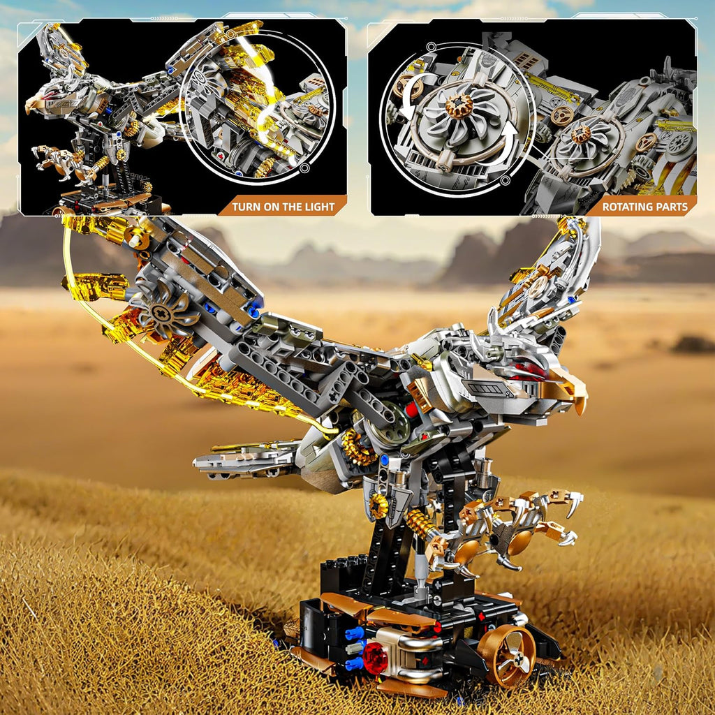 1168-PCS Mechanical Eagle Building Block Set with LED Light, Movable Linkage Gears, Display Stand - Animals Building