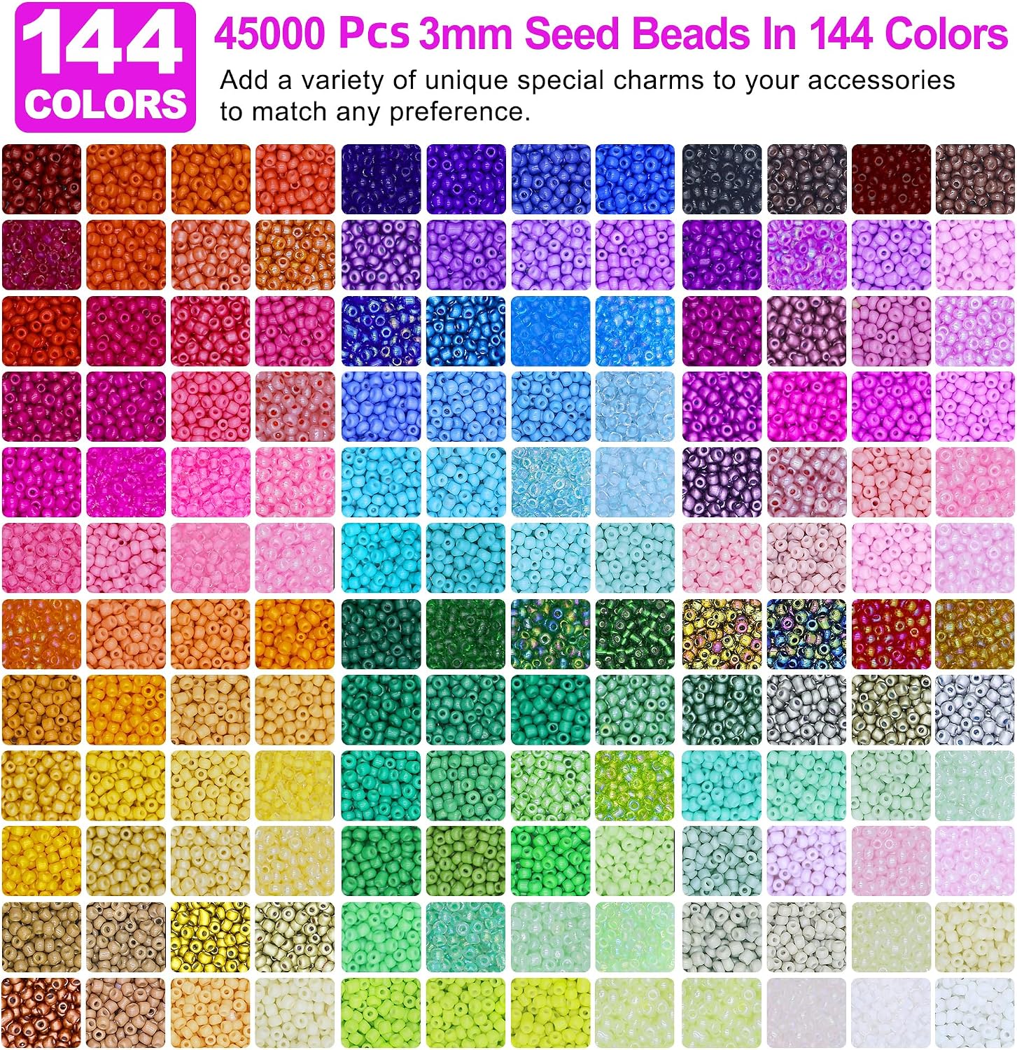 3mm 45000pcs Glass Seed Beads Kit, 7 Boxes 144 Colors Small Beads for Bracelets, Friendship Bracelet Kit with Charms