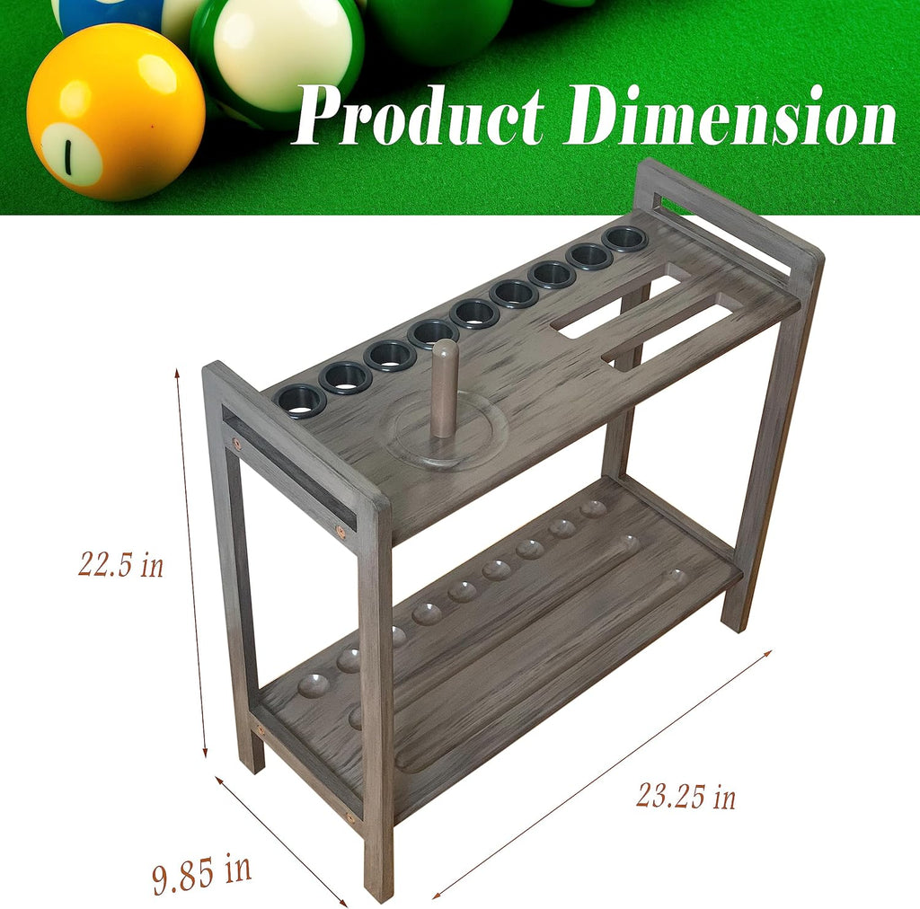 Pool Stick Holder Floor Stand Holds 9 Cues & Pool Table Accessories. Wooden 2-Tier Cue Stick Storage with Ball Rack