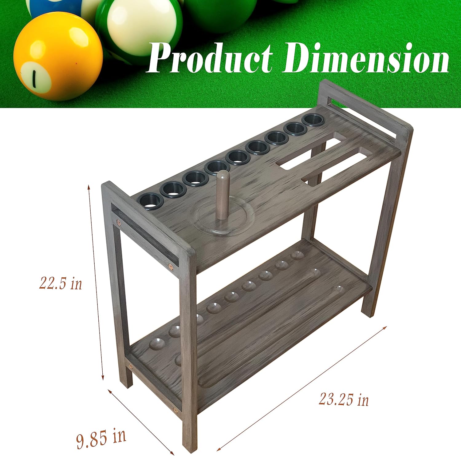 Pool Stick Holder Floor Stand Holds 9 Cues & Pool Table Accessories. Wooden 2-Tier Cue Stick Storage with Ball Rack