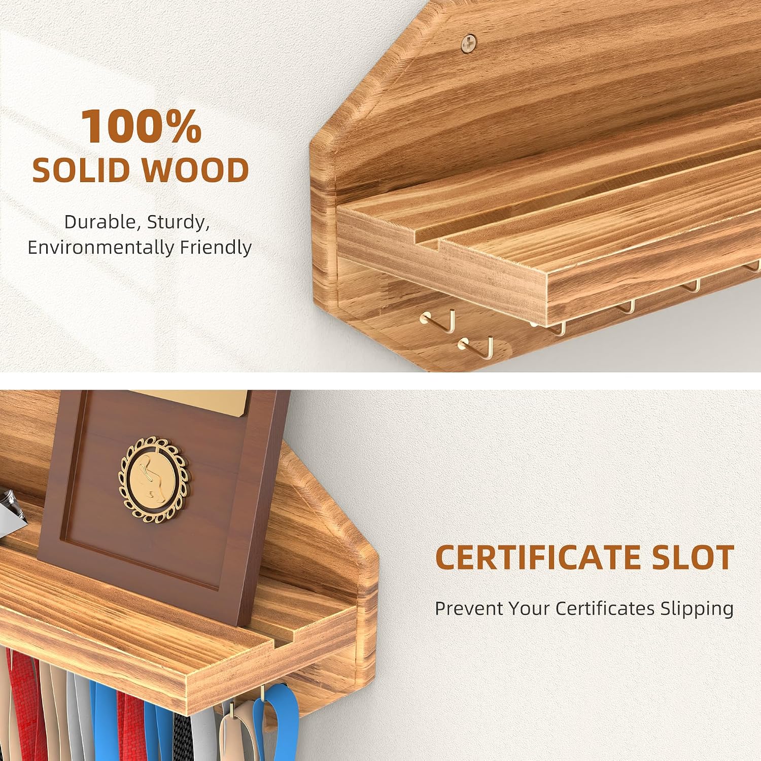 Medal Hanger Display - Wooden Trophy and Medal Display Shelf | Natural Solid Wood, Thickened Board, Anti-Slip Groove
