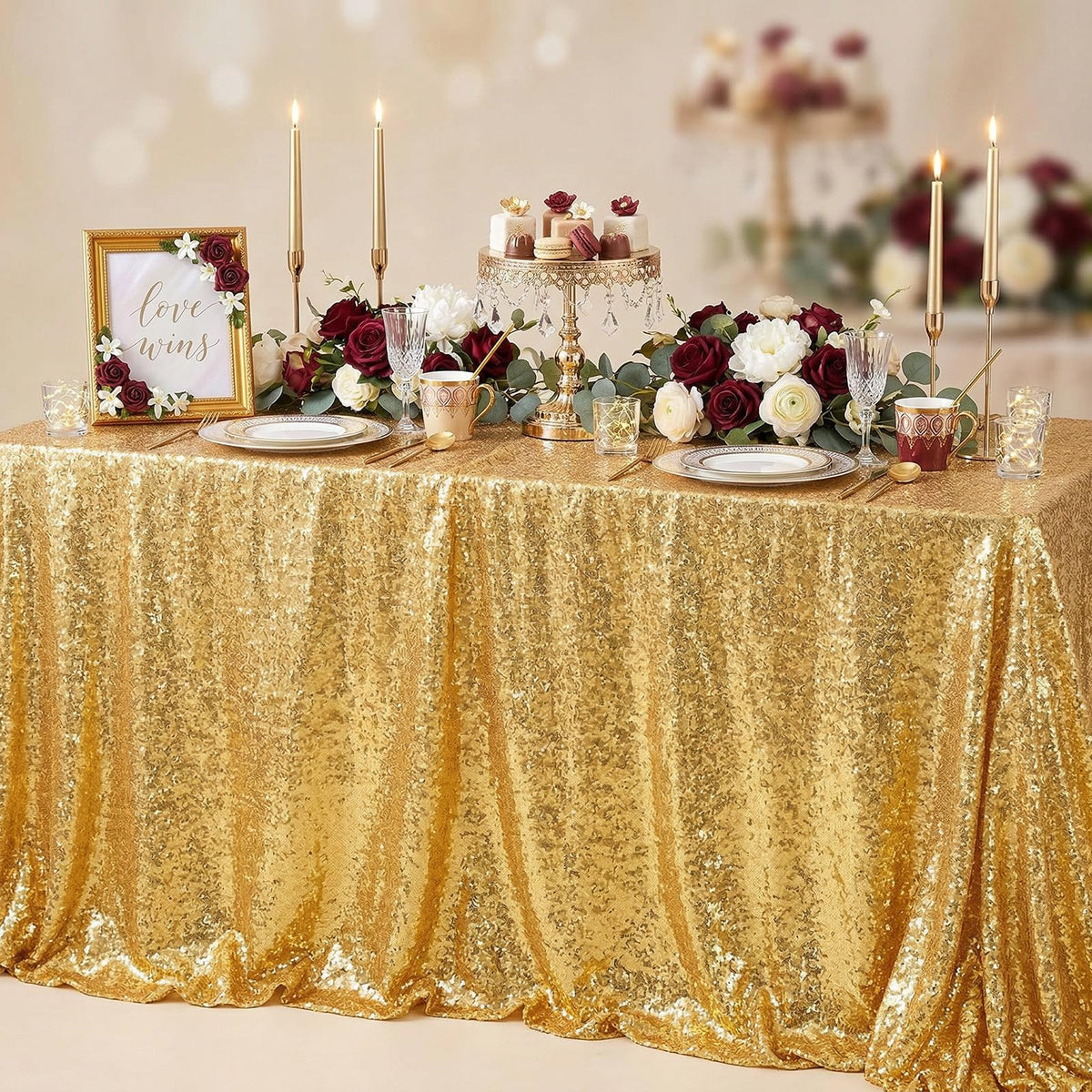 Gold Sequin Tablecloth 60x102 Inch Sparkly Gold Wedding Tablecloth Drapes