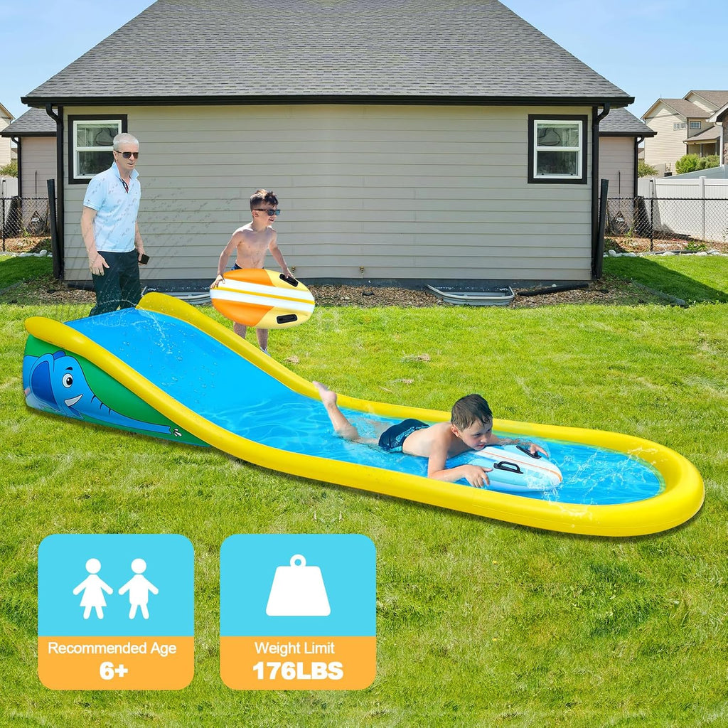 Inflatable Water Slide with Sprinkler for Kids,15FT waterslide with 2 Inflatable Surf Riders and Built-in Sprayer for