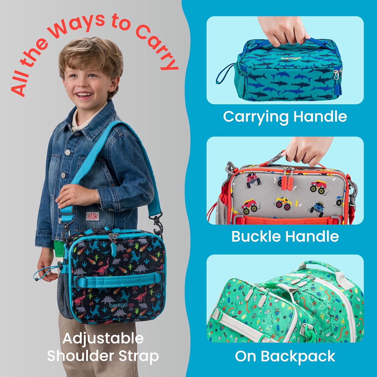 Kids Prints Double-Insulated Reusable Lunch Bag | For Kids 3+, Adjustable Strap; Holds Lunch Box/Water Bottle/Snacks;