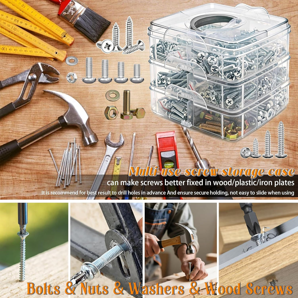 2013 PCS Metric & SAE Nuts & Bolts & Wood Screws Assortment Kit, Phillips Pan Head & Flat Head Screw, Grade 8.8