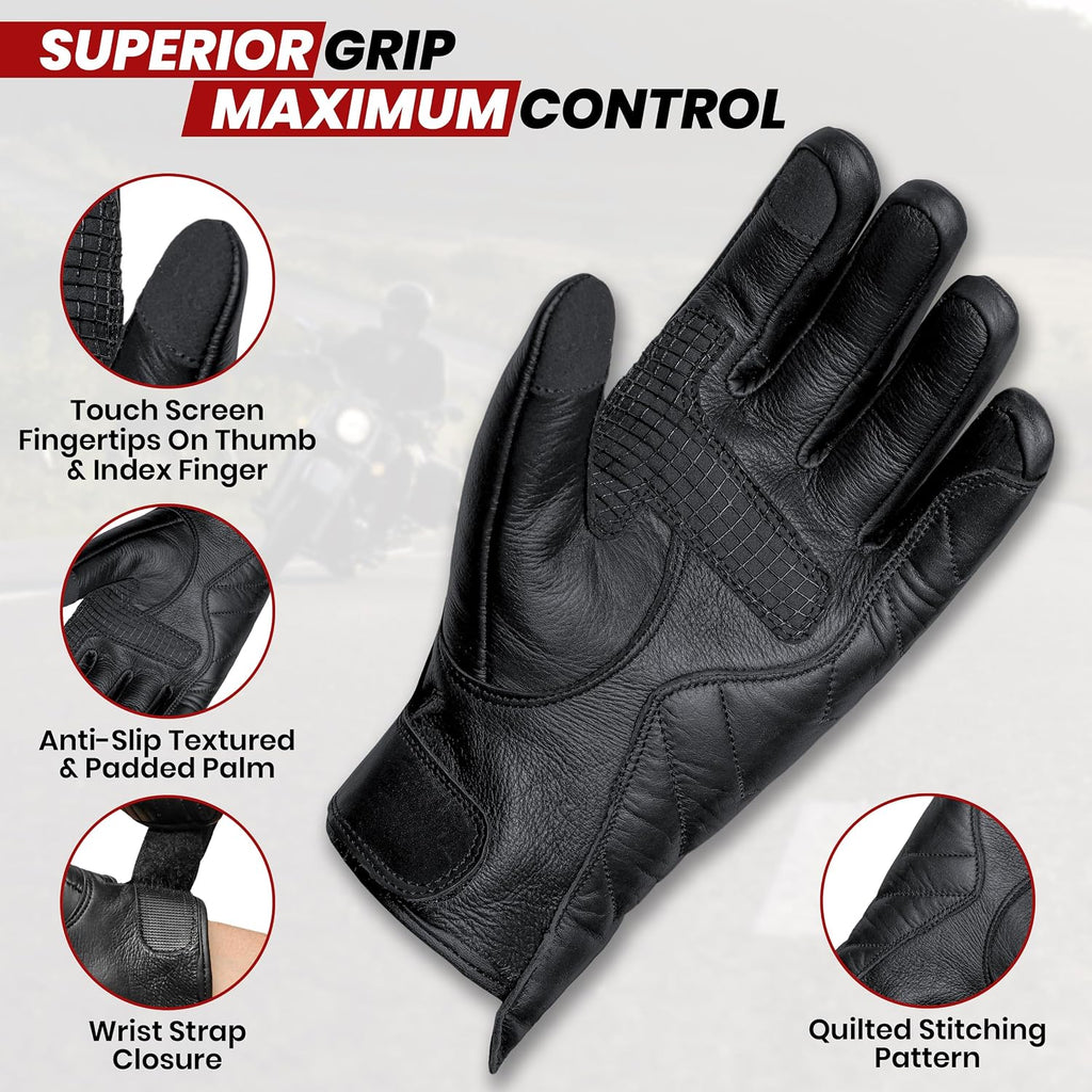 Antares Motorcycle Gloves for Men Touchscreen Full Finger Leather Gloves Protection Riding Driving Biker Glove Black
