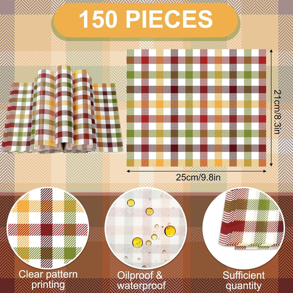 150 Sheets Fall Plaid Wax Paper, Greaseproof Waterproof