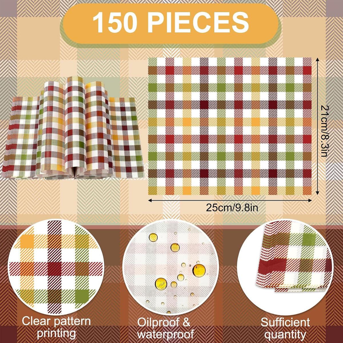 150 Sheets Fall Plaid Wax Paper, Greaseproof Waterproof