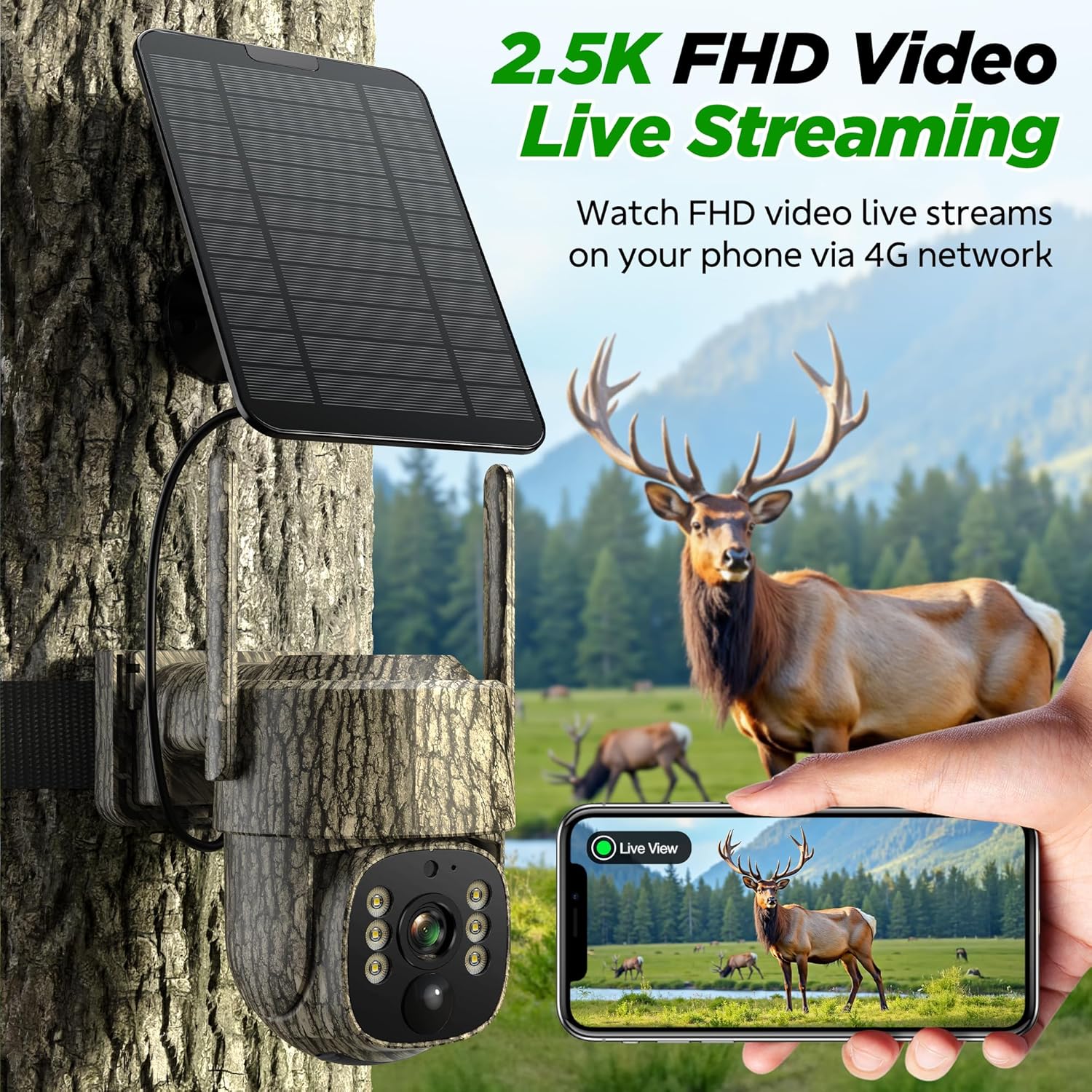 Trail Camera, 4G LTE Cellular Game Cameras with 360° Live Streaming | 2.5K Hunting Camera Solar Powered, Security