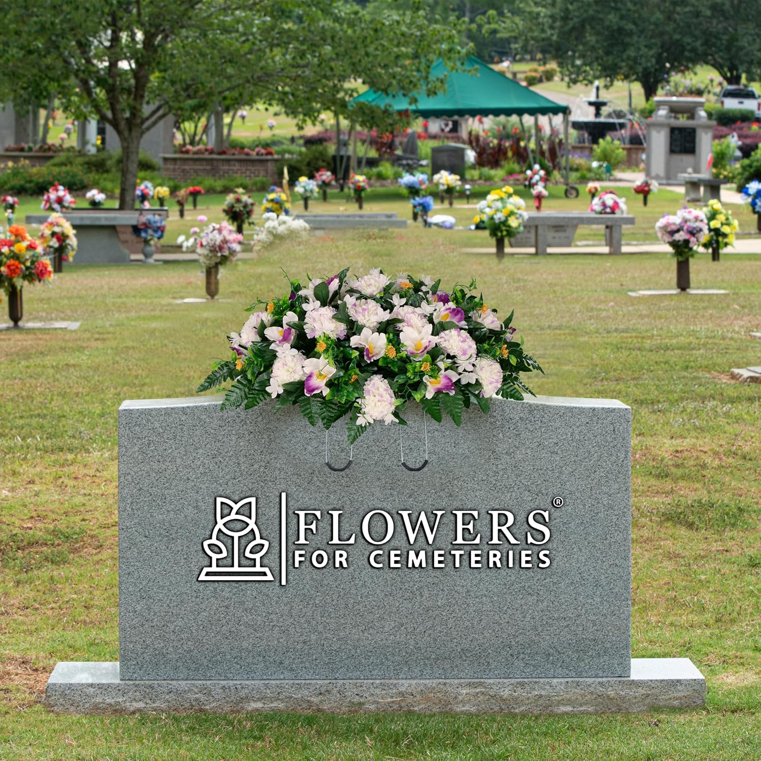 30" Headstone Flower Saddle Artificial Cemetery Flowers - Gravesite Flowers - White and Purple Carnations and